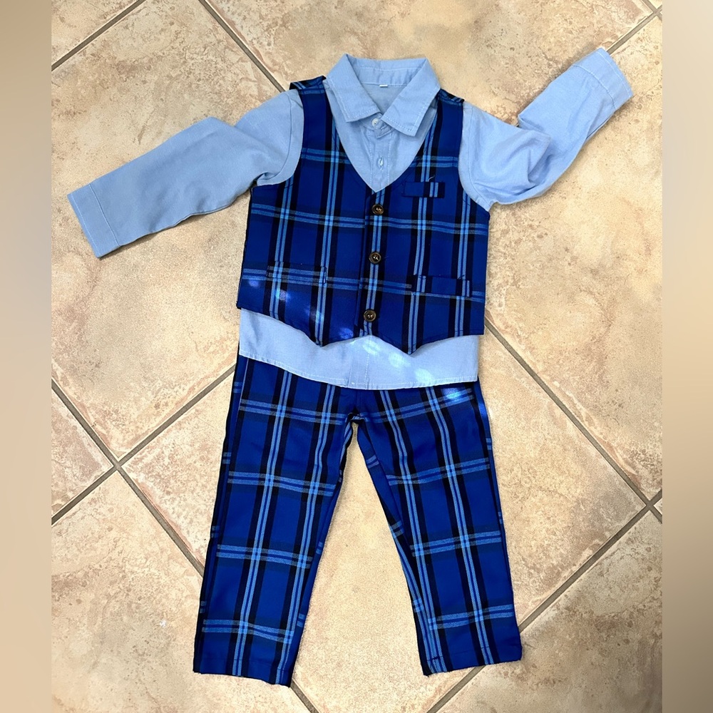 Blue Plaid Vest and Pants Set
